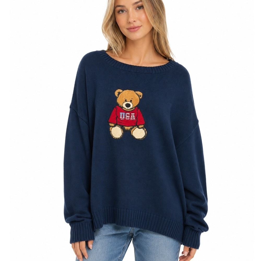 Harper & Ivy Womens Blue Teddy Bear USA Sweater Crewneck Knit Pullover | Size XL